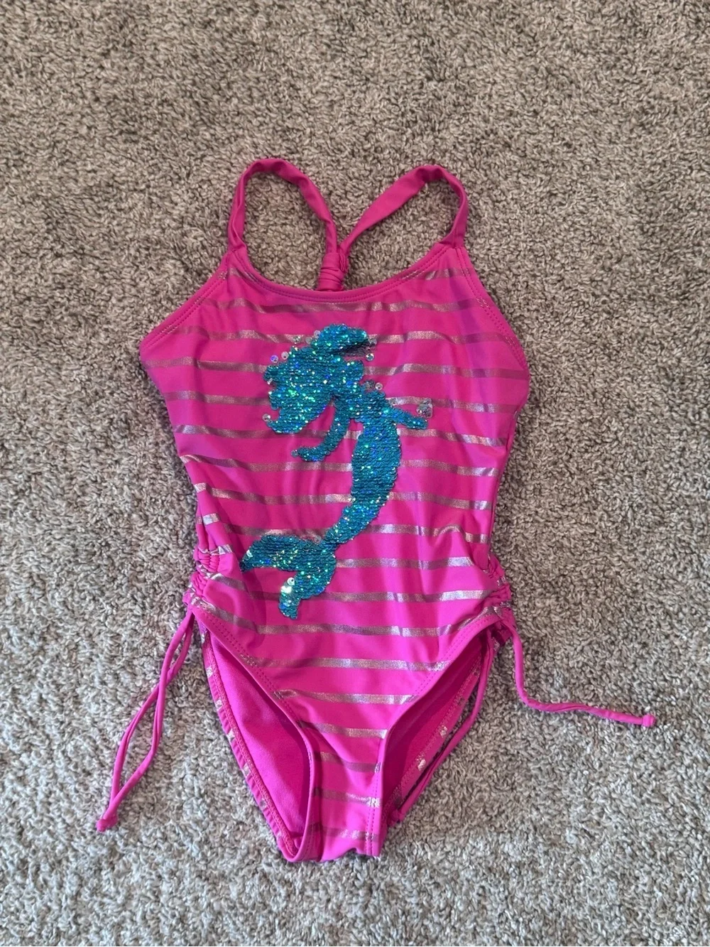 Girls Pink Sequin Mermaid One-Piece Swimsuit with Side Ties Size 4